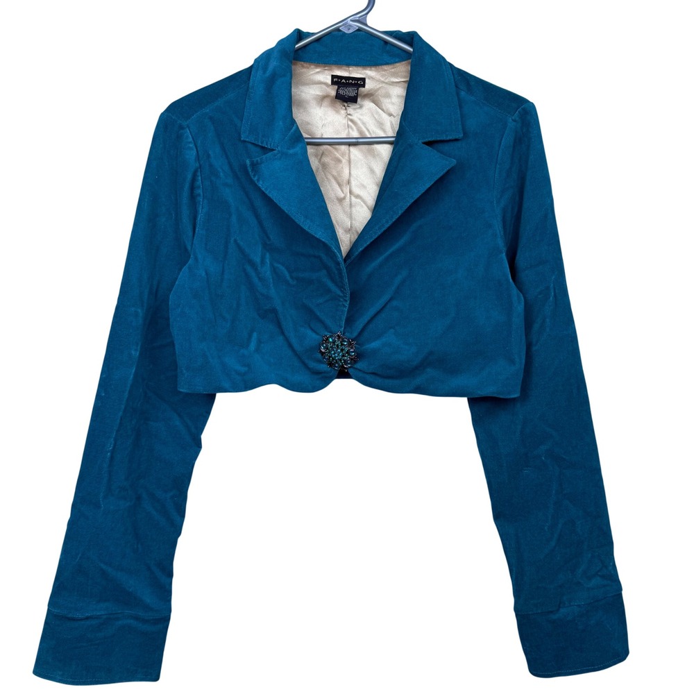 Rare VTG Y2K Fang Teal Blue Cropped Velor Blazer Jacket Rhinestone Brooch Large - Picture 1 of 7